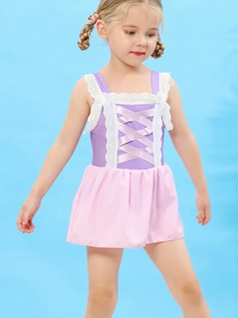 Girls Rapunzel Swimsuit Dress Size 5/6 Purple Pink Princess One Piece Swim Dress